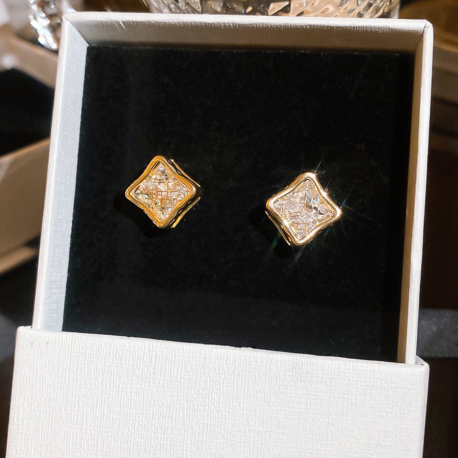 Light luxury high-end feel gold Zircon square mesh stud for women, niche design, fashionable and versatile, exquisite earrings - view 5