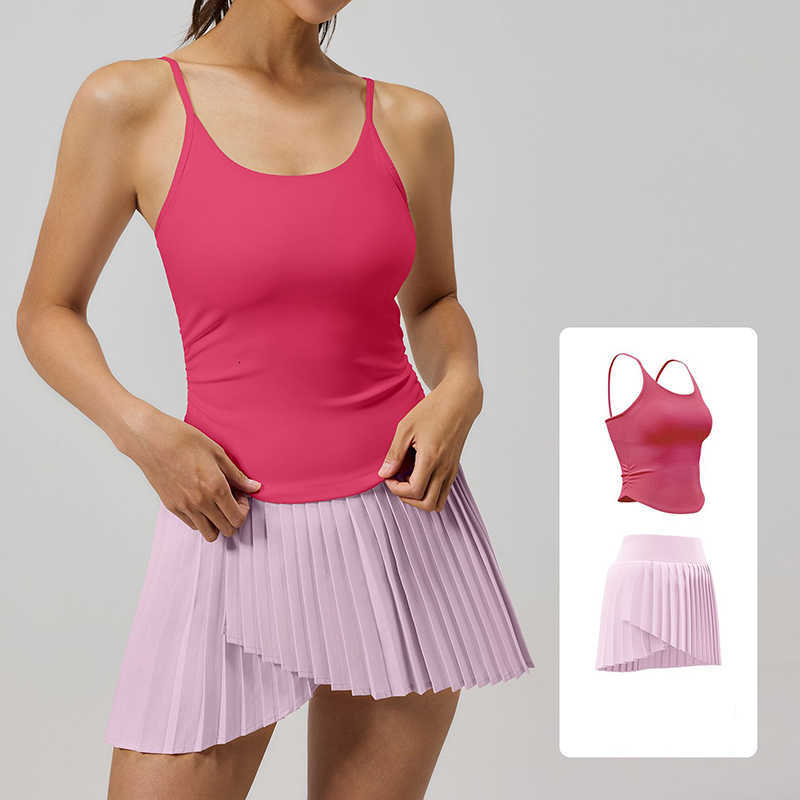 2 Womens 2026 Piece New Yoga Sets Fixed Shockproof Bra Pads U-Neck Tank Top Pleated Tennis Skirt High Stretch Casual Sportswear M260626