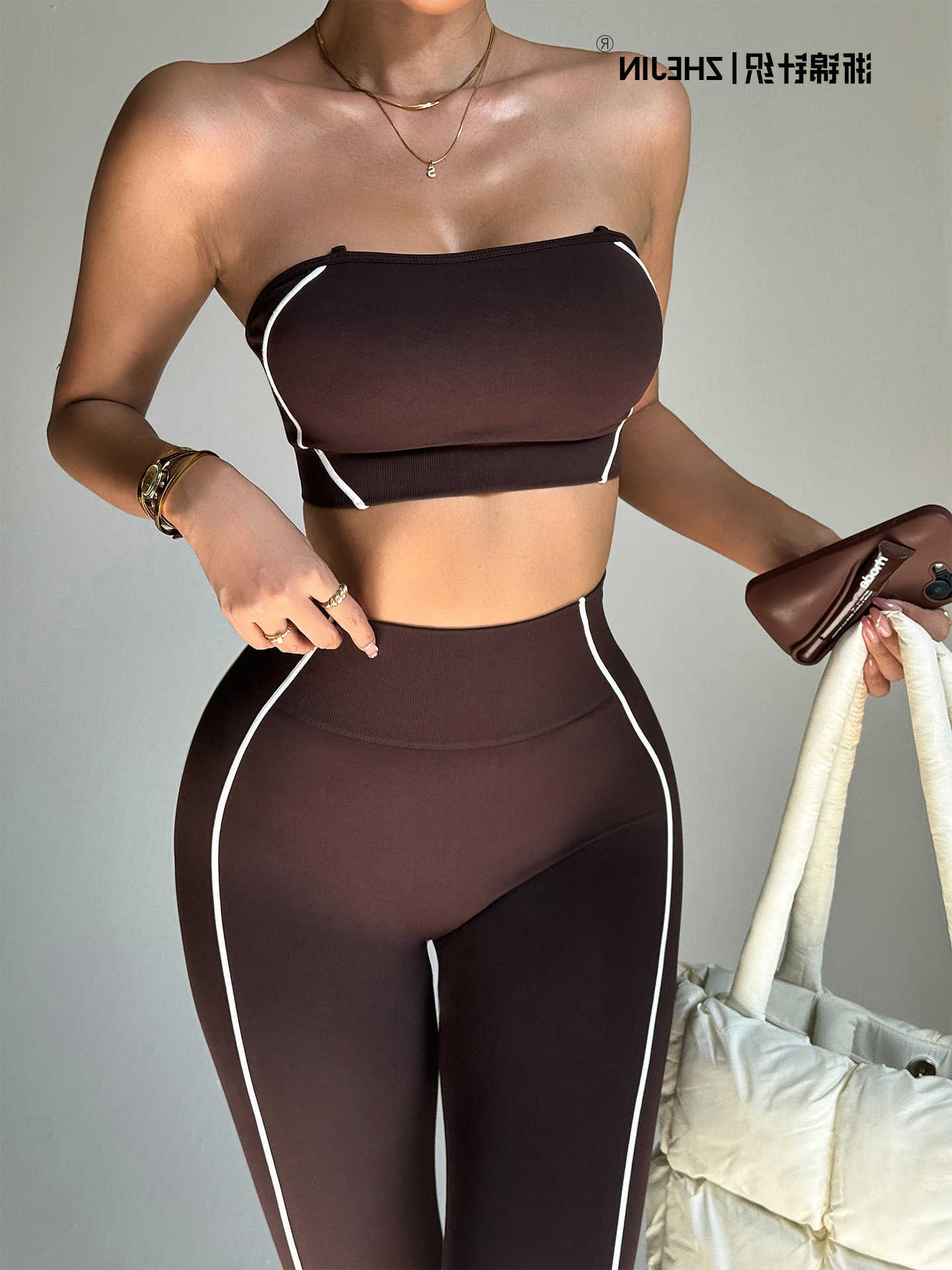 2 Set Women Seamless Yoga Piece Gym Set Contrast Trim Strapless Tube Top High Waist Leggings Workout Suit Fitness Activewear M260626