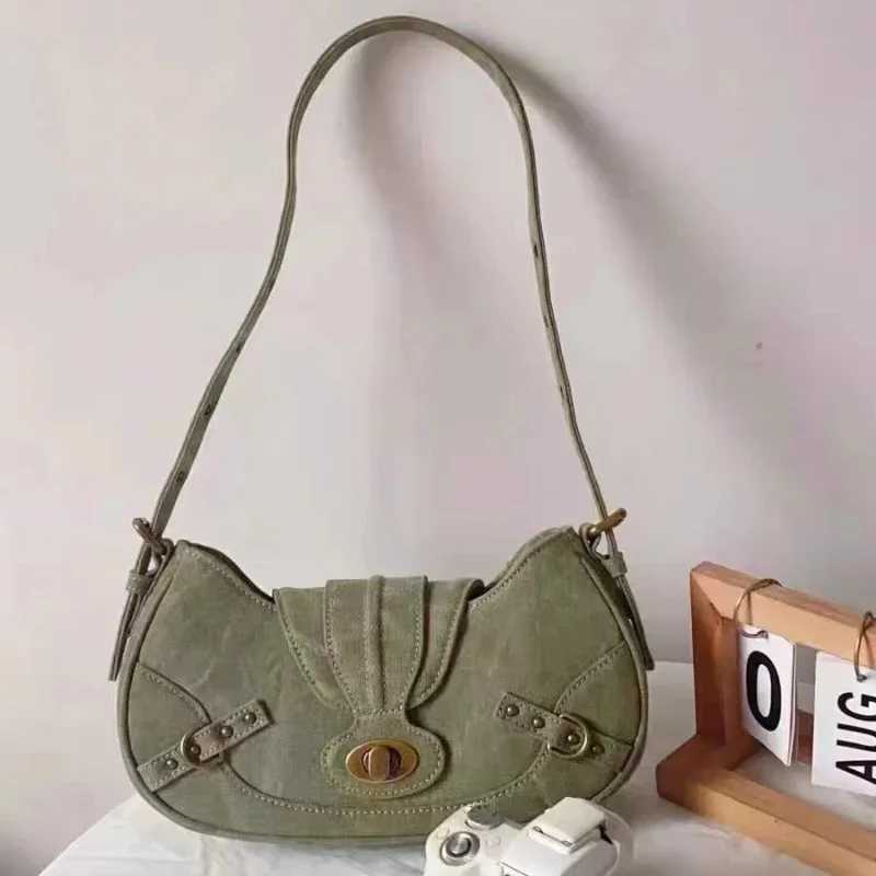 Shoulder Y2k Vintage American Street Style Rivets Green Canvas Handbag Gothic Punk Biker Cool Designers Underarm Bag HandbagT260716 - view 4