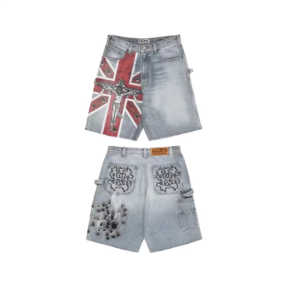 Streetwear Vintage Denim Shorts Y2K Jeans Hip Hop Union Jack Graphic Retro Baggy Shorts Low Rise Over The Knee Pant Casual Short 251028