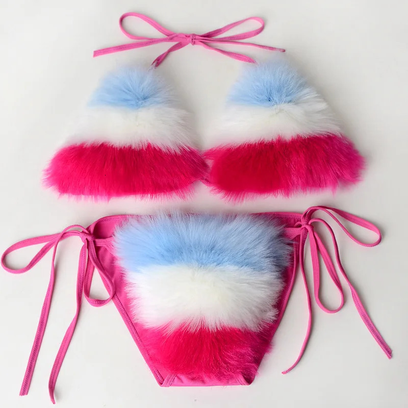 Rainbow Striped Womens Plush Fur Bikinis Set Swimsuit Sports Fox Fur Two Piece Female Swimwear Bra Underwear Sets Swimsuits 260622 - view 4