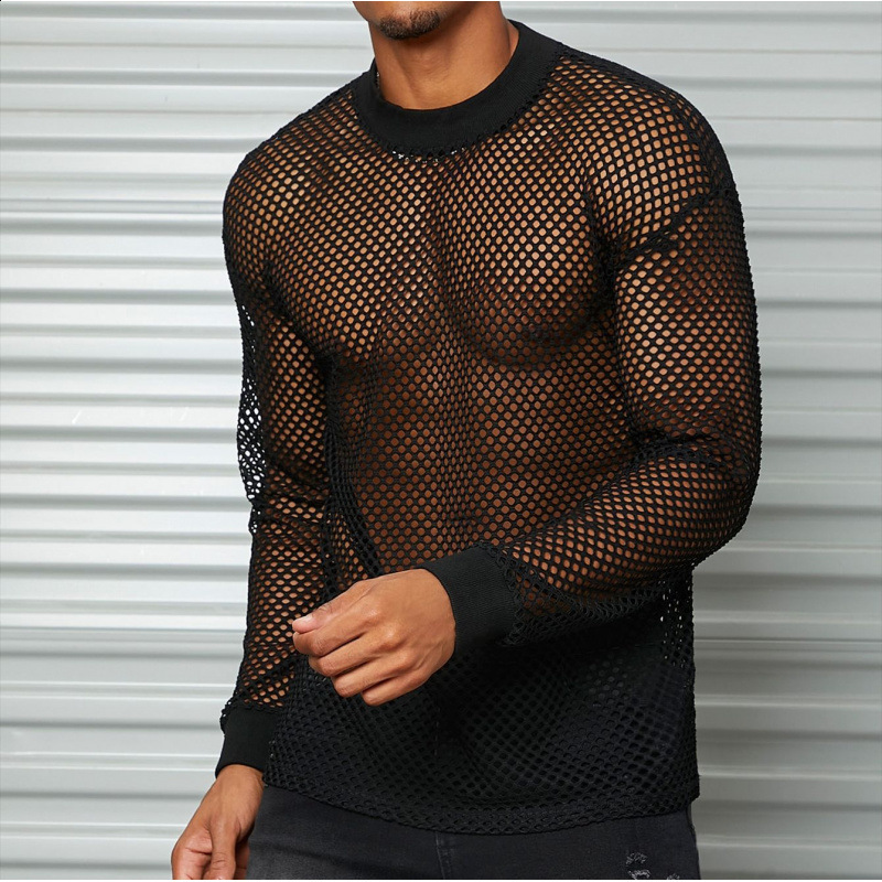 Mens mesh long-sleeve off-shoulder see-through T-shirt sexy nightclub wear breathable and versatile mesh hollow-out base shirt250312
