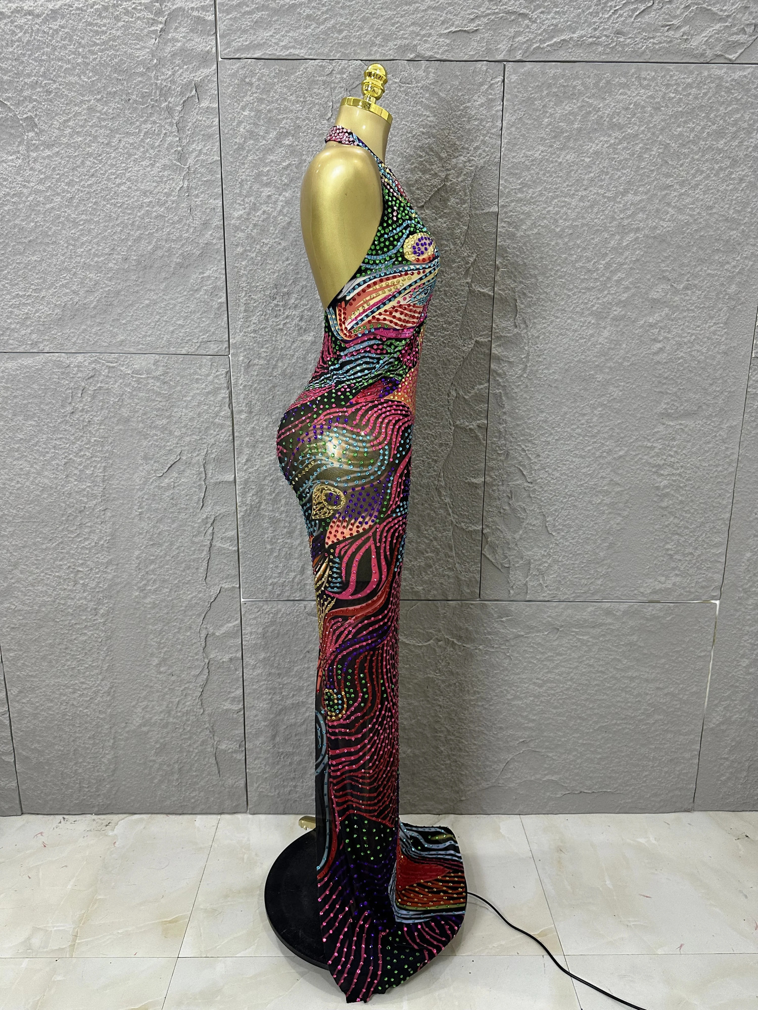 2026 Colorful Rhinestone Print Long Dress Woman Halter Deep V Neck Backless Women Birthday Eveing Party Club Stage Costume 260625 - view 7