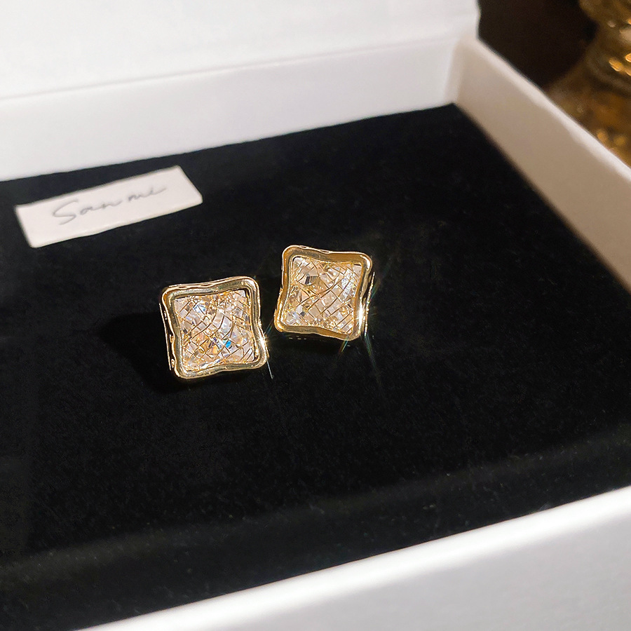 Light luxury high-end feel gold Zircon square mesh stud for women, niche design, fashionable and versatile, exquisite earrings - view 8
