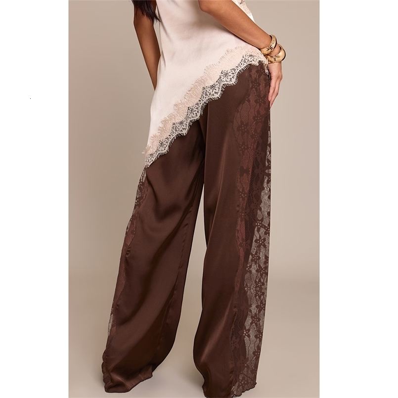 Casual Lace Satin Patchwork Pants Women Sexy See Through High Waist Lace Up Straight Trousers Spring Summer Lady Chic Trousers 260624 - view 7