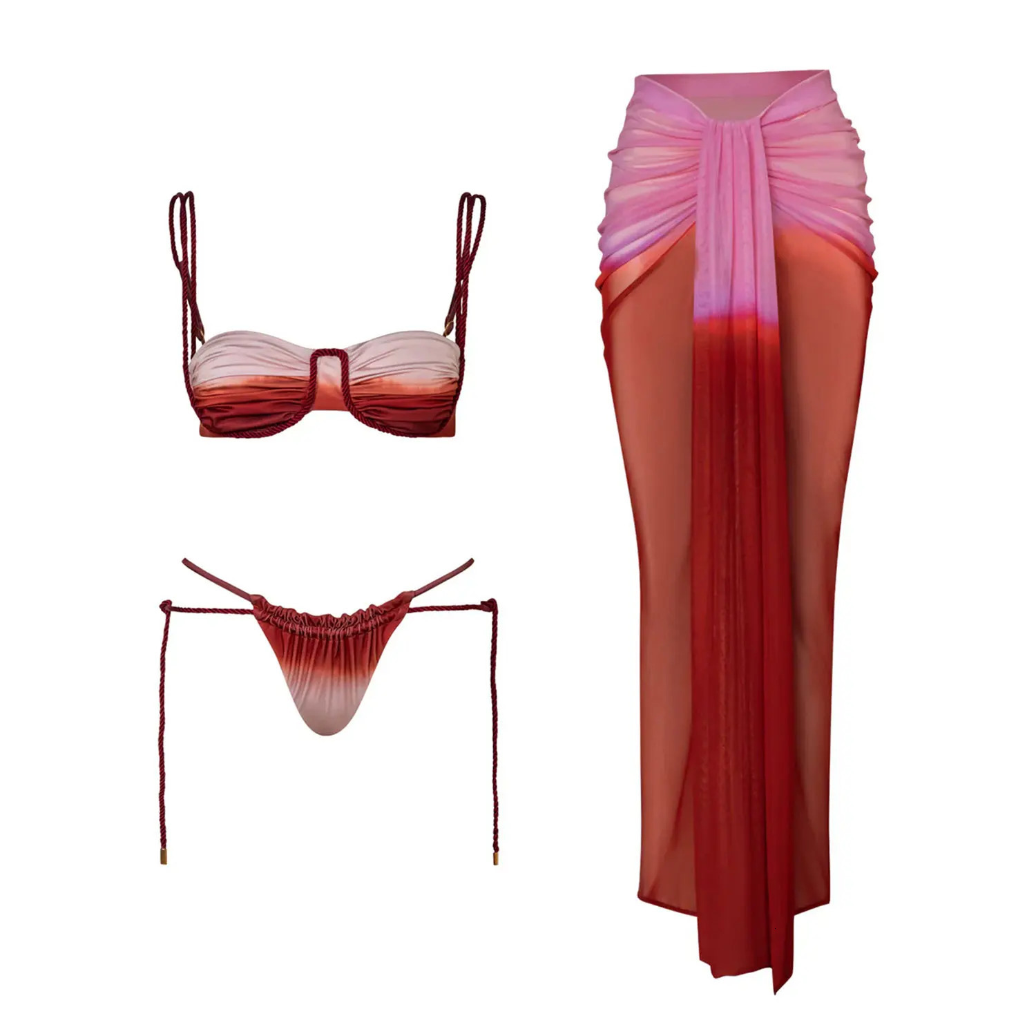 Gradient 3 Pieces Bikini Sexy Women Swimsuit Swimwear Female Long Dress Cover Up Bikini Set Beachwear Bathing Suit 260622 - view 4