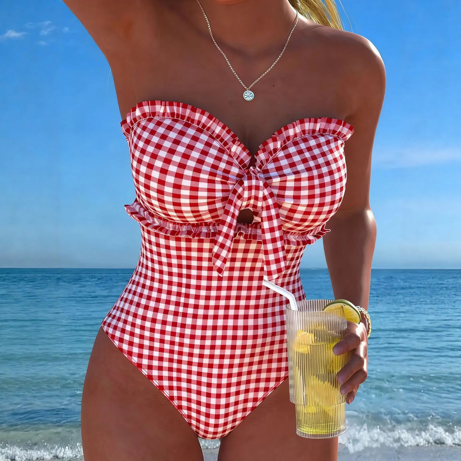 2026 Strappy Swimsuit One Piece Sexy Striped Ruffle Swimwear Women Bathers Bathing Swimming Swim Suit Padded Beachwear Summer 260622 - view 7