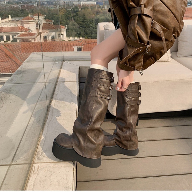 Punk style belt buckle long knee high womens boots fashion platform high heels autumn winter skating party Botas Mujer 250225