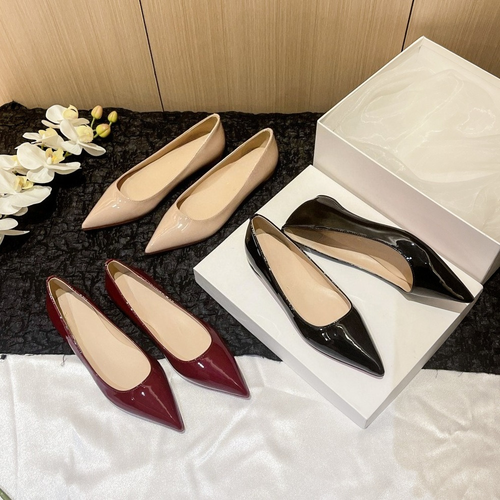 C Luxury Designer Shoes Red Women Glossy Patent Leather Pointed Toe Ballet Flats Slip on Solid Color Elegant Office Work Dress Flat Shoes for Daily Party Gift Size 35-40