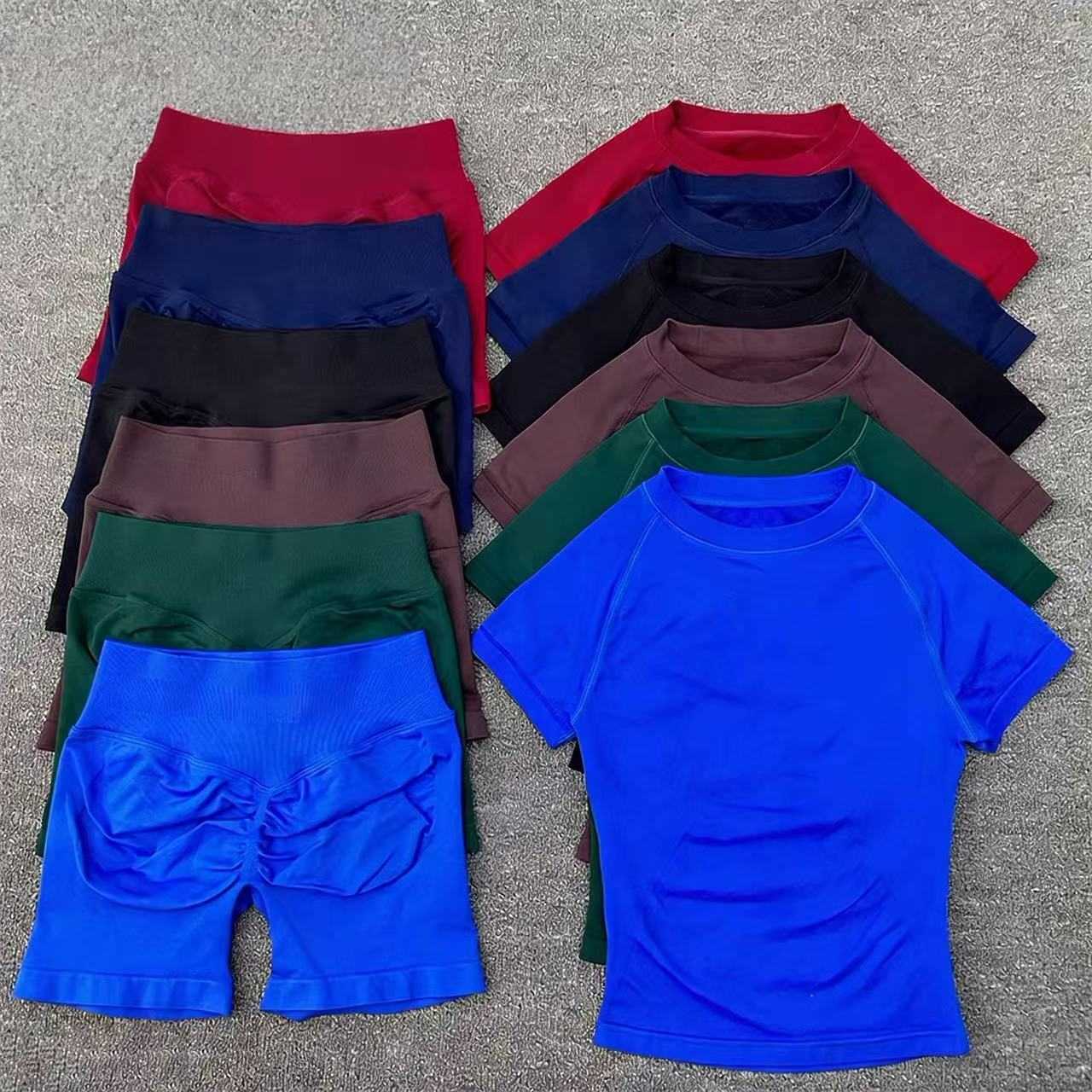 Gym Sports 2 Sets Pieces Women Seamless knitted Yoga Short Sleeve Top Fitness Set Workout Running Sports Short Leggings Suit M260626