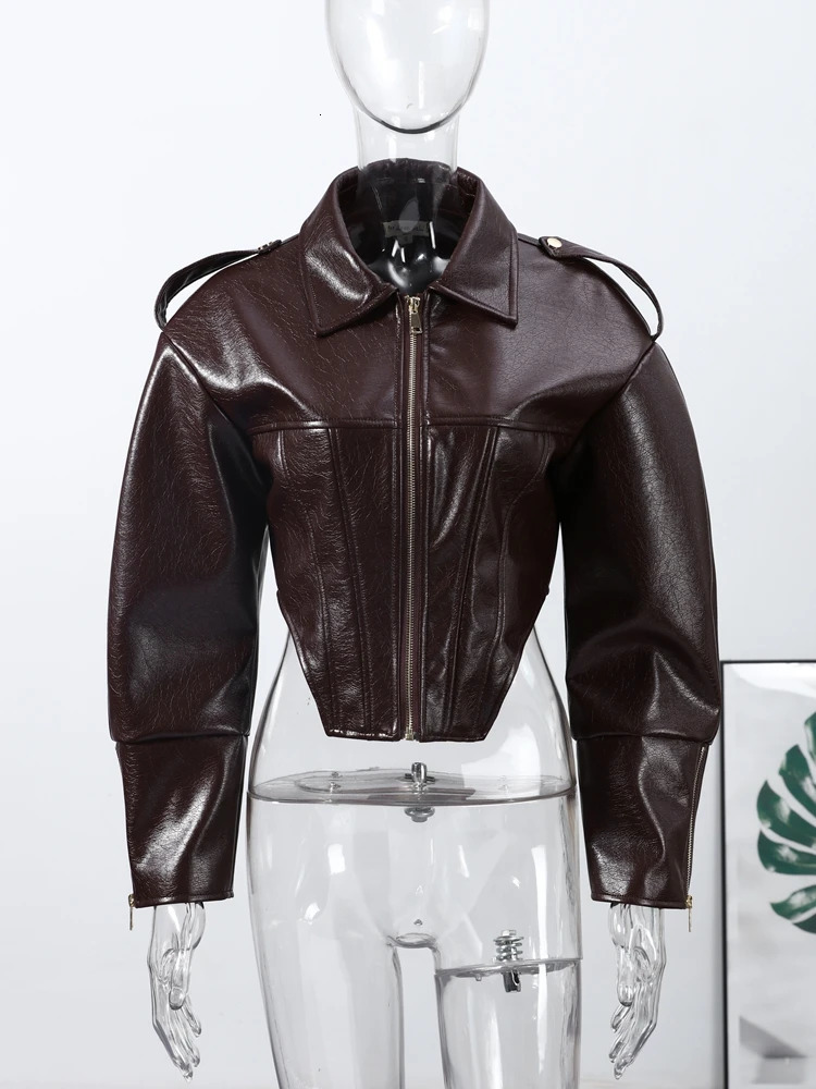 Womens Cropped Faux Leather Jacket Coat Vintage Balloon Sleeve Biker Style PU Outerwear Chic High Street 2026 Spring Outfit 260623 - view 6