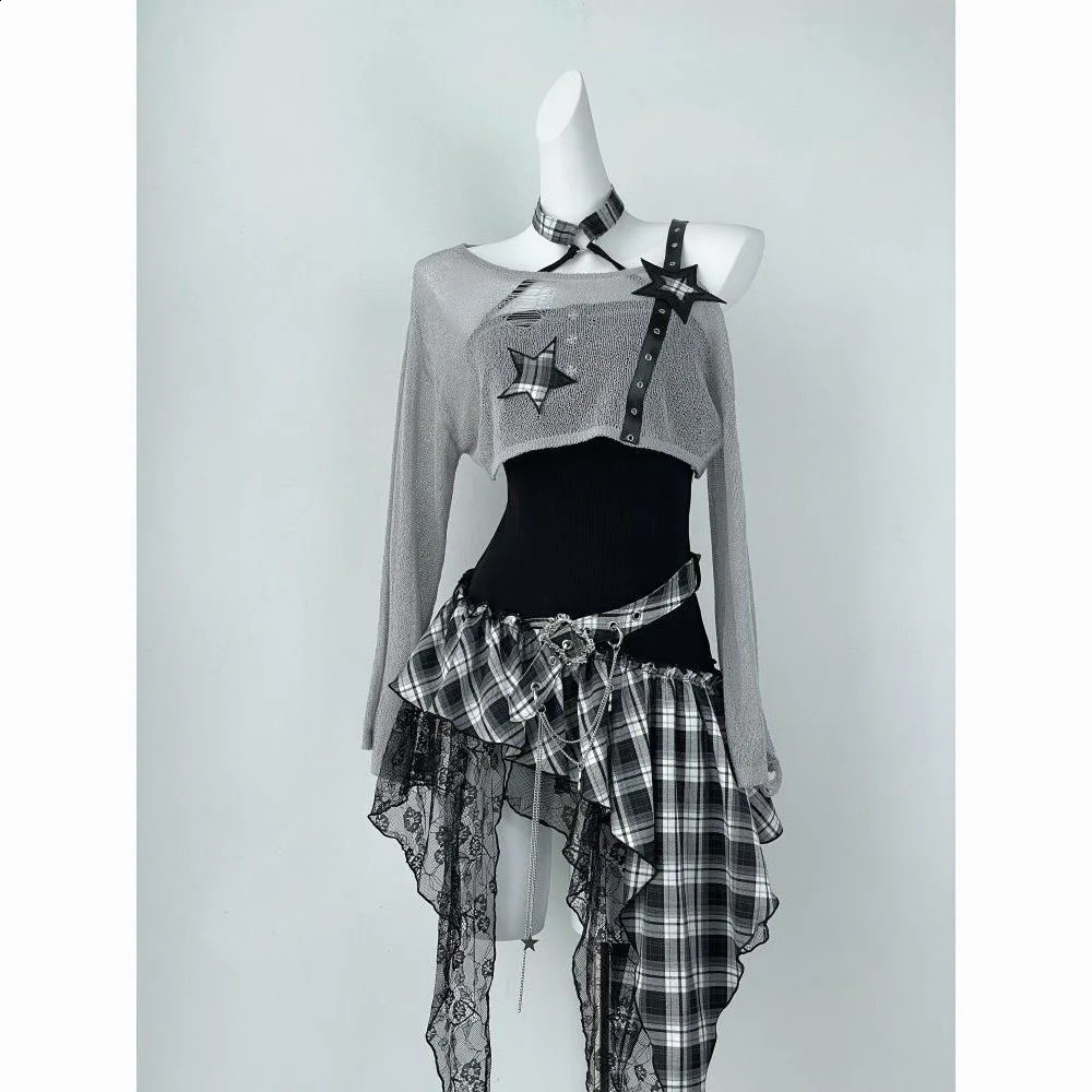 2026 Gothic Harajuku 2 Piece Sets Womens Vintage Y2k Crop Top Blouse Black High Waist Retro Skirt Belt Party Chic 260625 - view 3