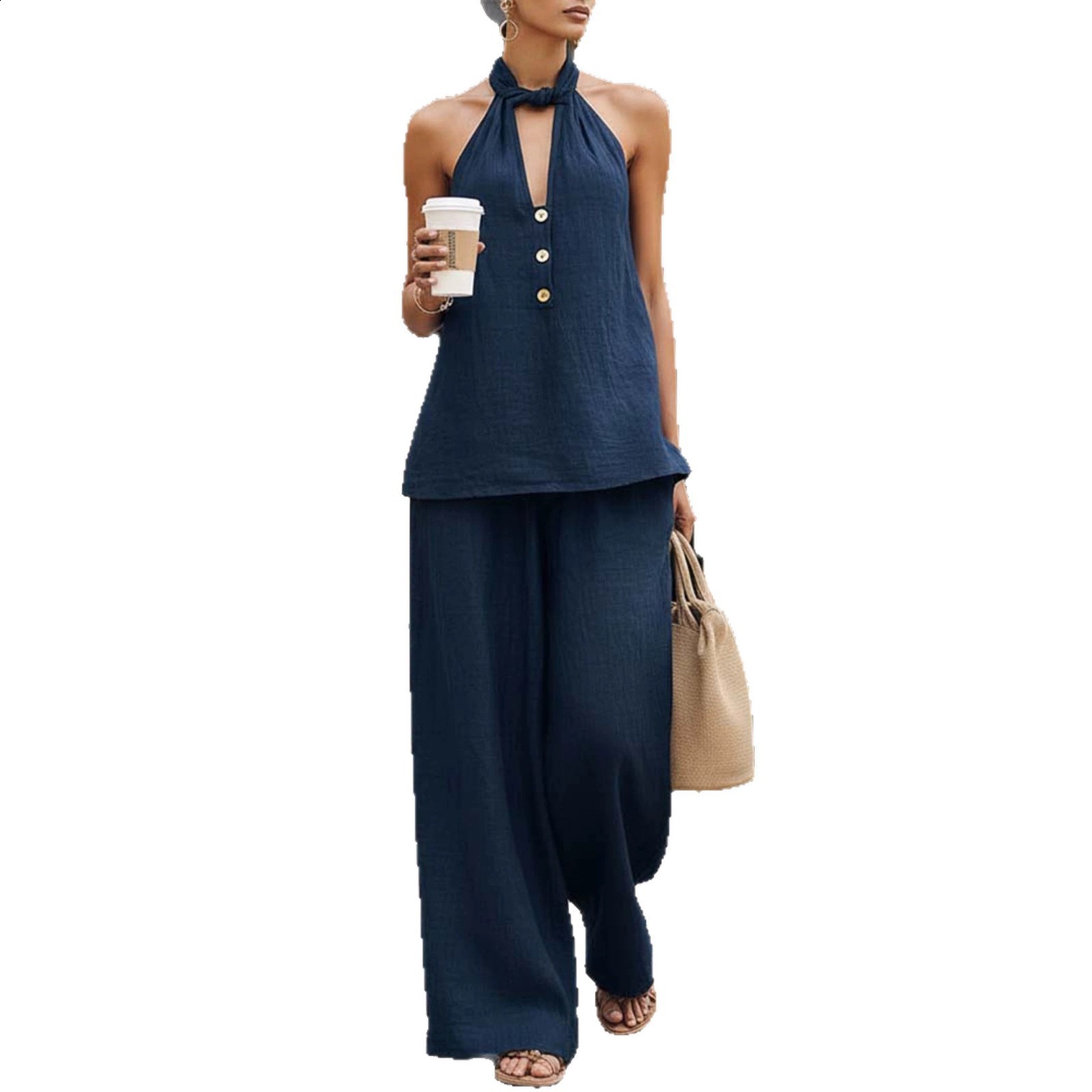 Womens Summer Fashion Sleeveless Deep V-Neck Halter Neck Backless Top and Wide-Leg Pants Two-Piece Set 240731