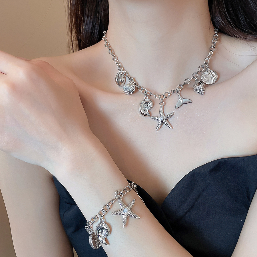 Ocean-themed shell, star, conch pendant necklace and bracelet set, unique design choker, fashionable trendy accessory - view 6