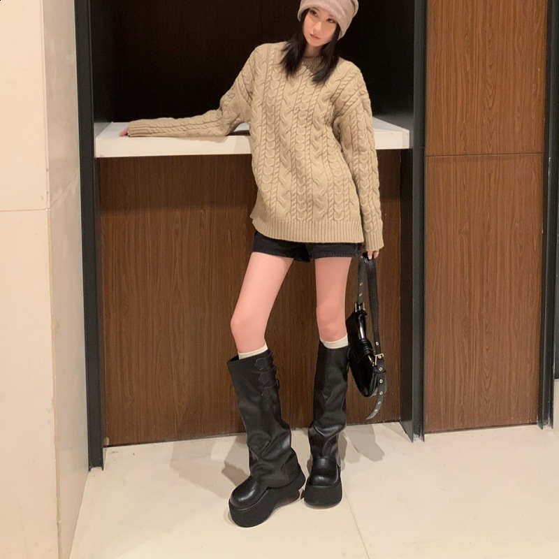Punk style belt buckle long knee high womens boots fashion platform high heels autumn winter skating party Botas Mujer 250225