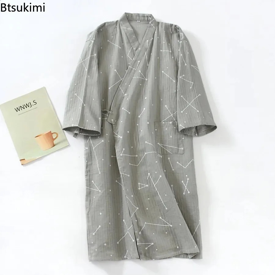 2026 Mens 100 Cotton Gauze Bath Robes Loose Thin Japanese Kimono Pajamas for Men Casual Lace Up Bathrobes VNeck Nightgown 260625 - view 6