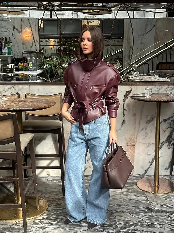 Retro Burgundy Waist Cinching Jacket Women Fashion Lace Up Stand Collar Zipper Bucket Short Jackets Lady High Street Coat 260618 - view 4