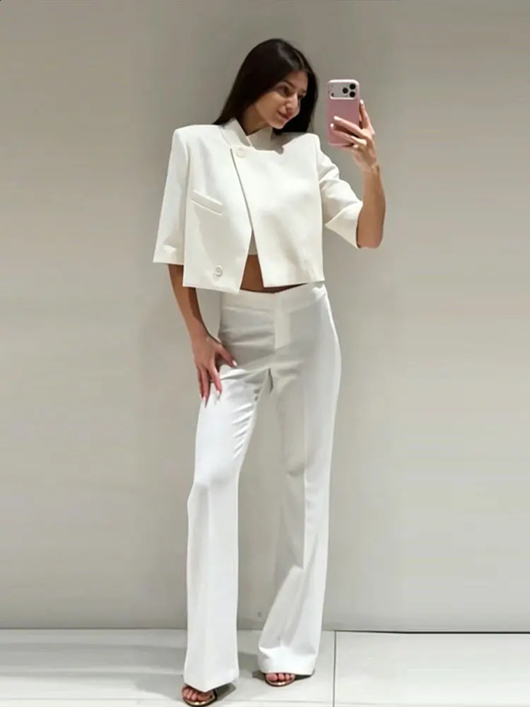 Women Chic Cropped Blazer Jacket Stand Collar 34 Sleeve Single Breasted Shoulder Pad Top 2026 Spring Summer Fashion Street Coat 260625 - view 4