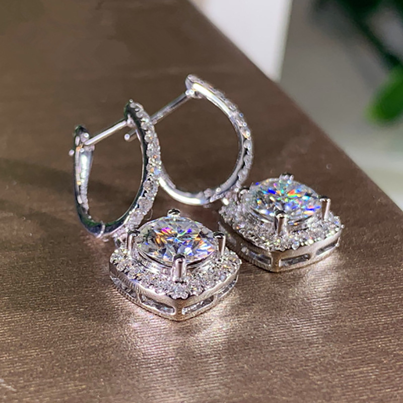 Women Micro Pave Zircon Hoop Drop Earrings Square Crystal Dangle Ear Buckle Luxury Silver Plated Fashion Jewelry