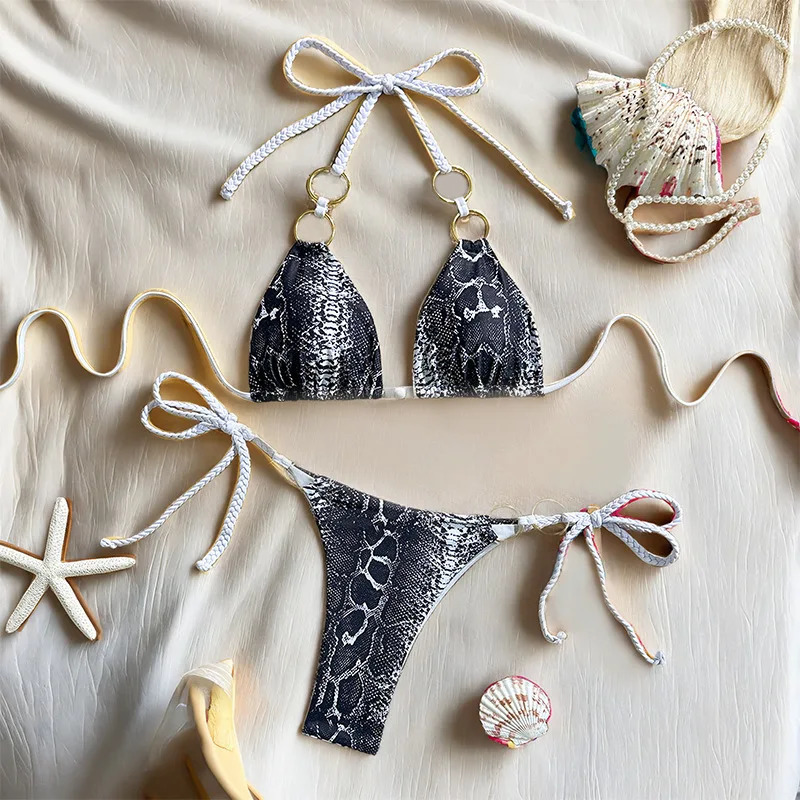 Sexy Womens Bikini Two-Piece Set Fashionable Metal Ring Snake Skin Print Suspender Strap Sexy Summer Beach Spring Swimsuit 260622