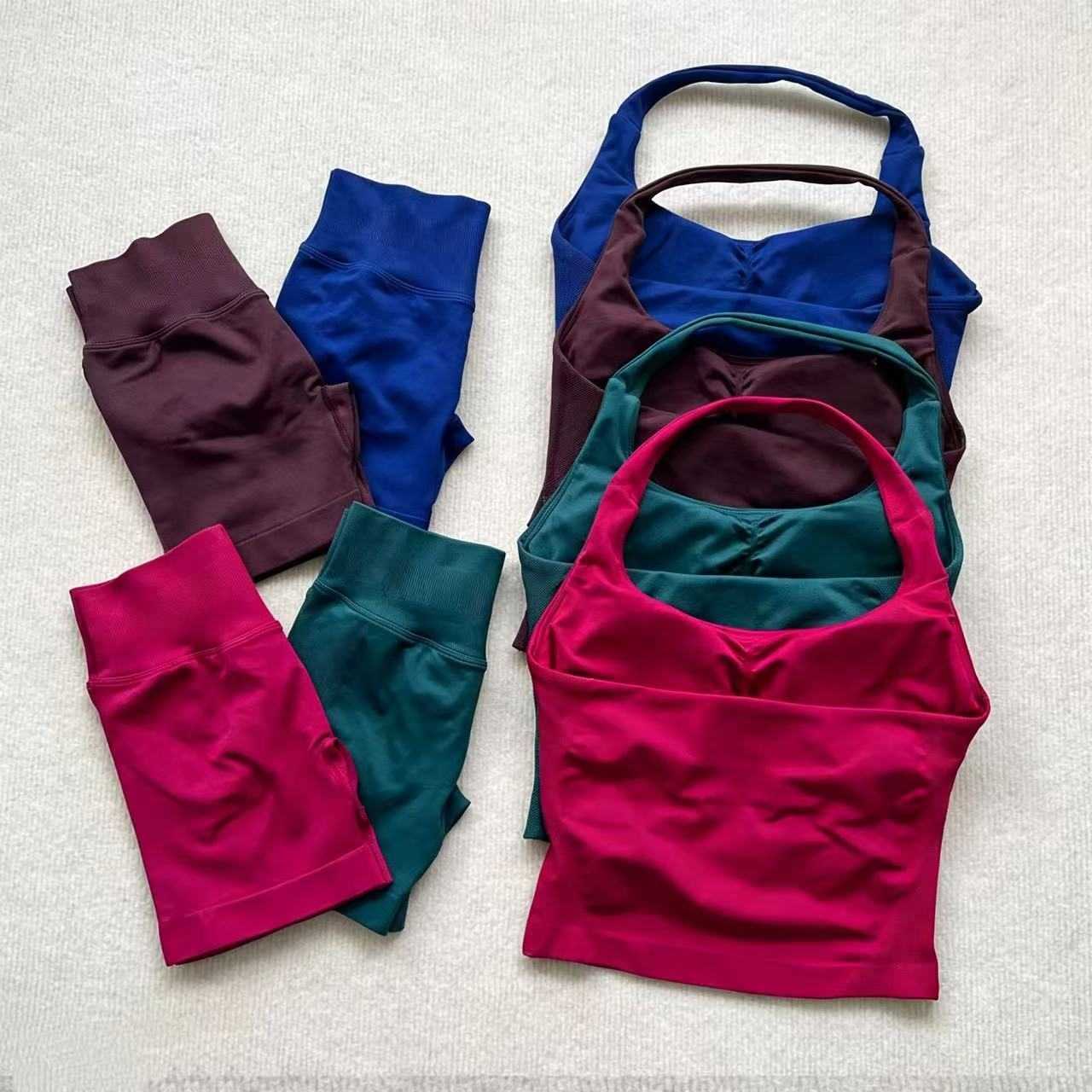 Yoga Halter Neck Open Outfit Two-Piece Set for Women Push-Up Sports Bra High-Waisted Butt-Lifting Fitness Shorts M260626