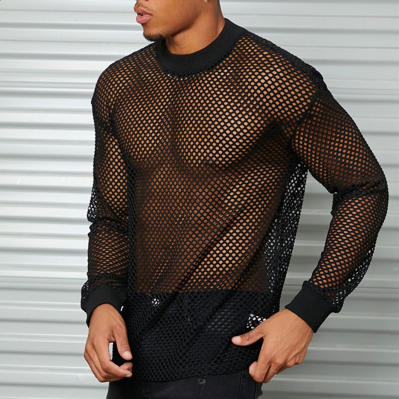 Mens mesh long-sleeve off-shoulder see-through T-shirt sexy nightclub wear breathable and versatile mesh hollow-out base shirt250312