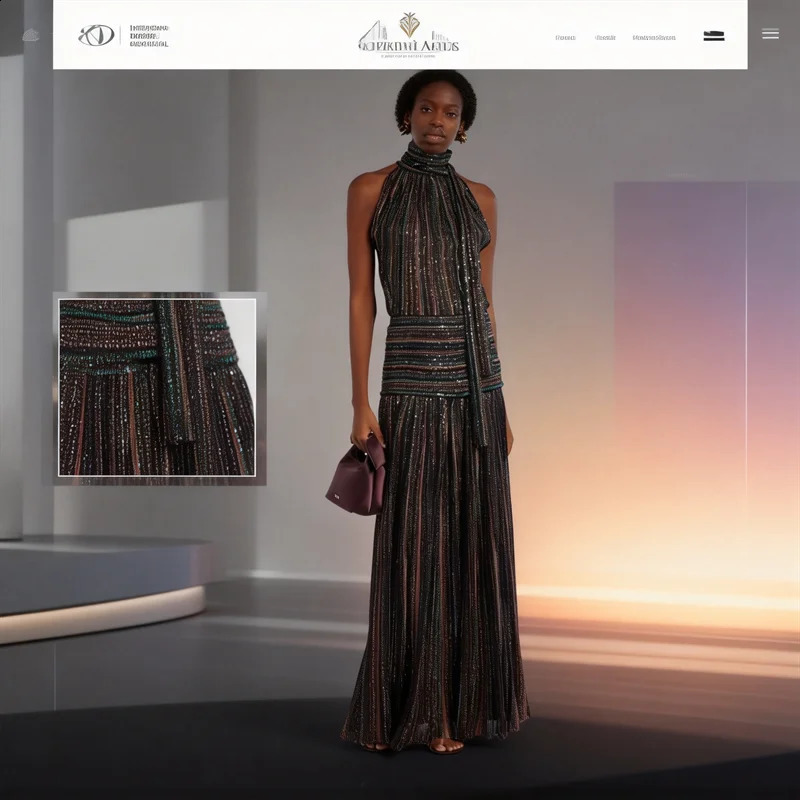 Women Halter Neck Pleated TwoPiece Set Striped Top and Maxi Skirt Elegant Summer Evening Wear Loose Fit Stylish Arrival 260625 - view 3