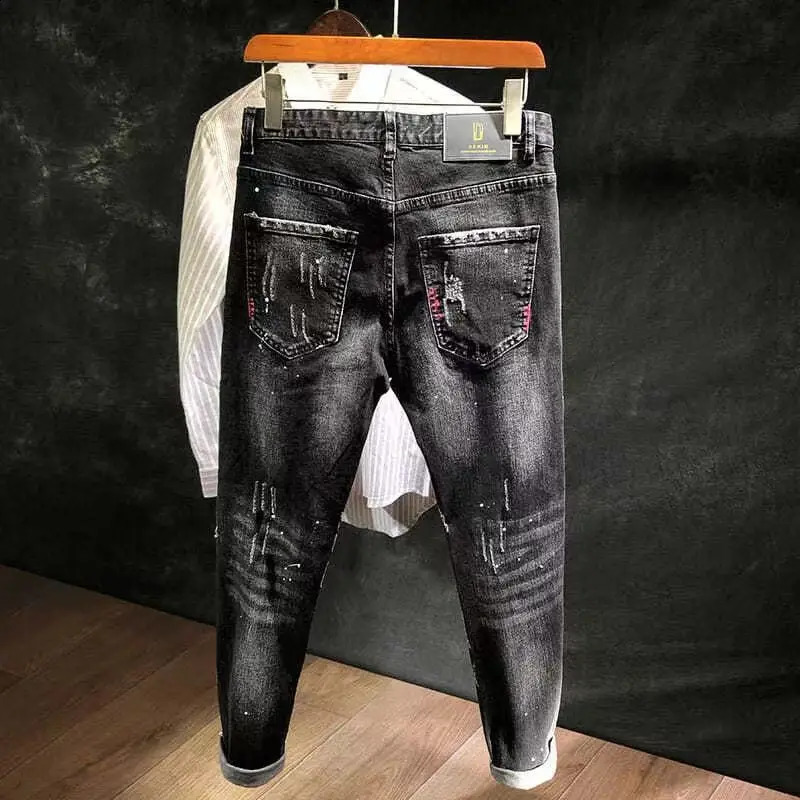 Autumn Korean Style Work Ripped Hole Black Cowboy Hip Hop Dotting Ink Slim Jeans Mens y Denim Pants for Men 260618CJ - view 3