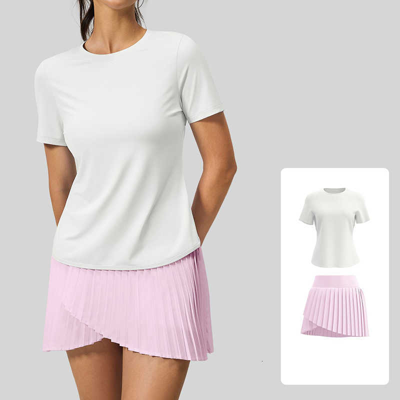 Womens Keyhole Activewear Fashion Set Crew Neck Short Sleeve Top Pleated Skort 2 Piece Yoga Sets Running Fitness Yoga Wear M260626