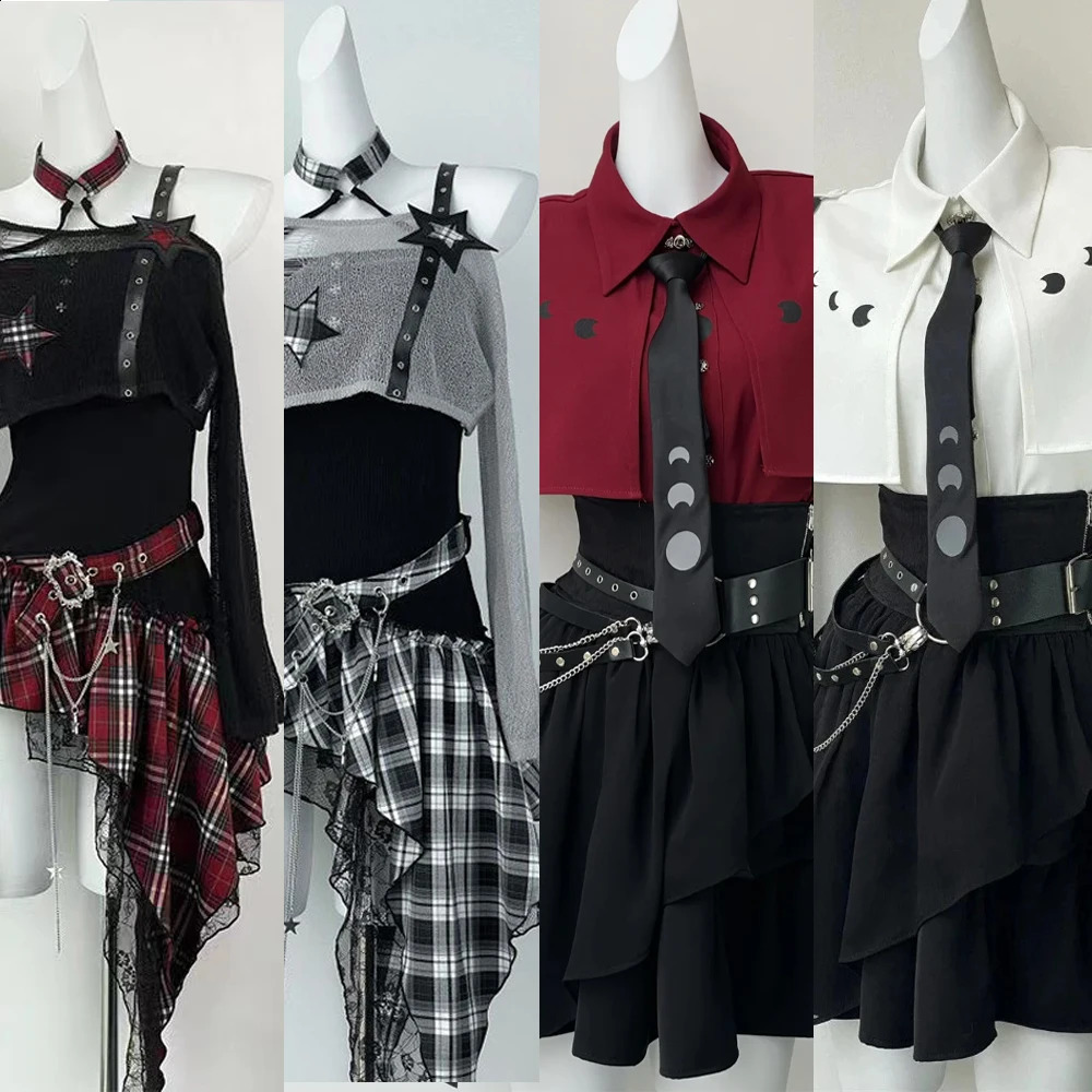 2026 Gothic Harajuku 2 Piece Sets Womens Vintage Y2k Crop Top Blouse Black High Waist Retro Skirt Belt Party Chic 260625