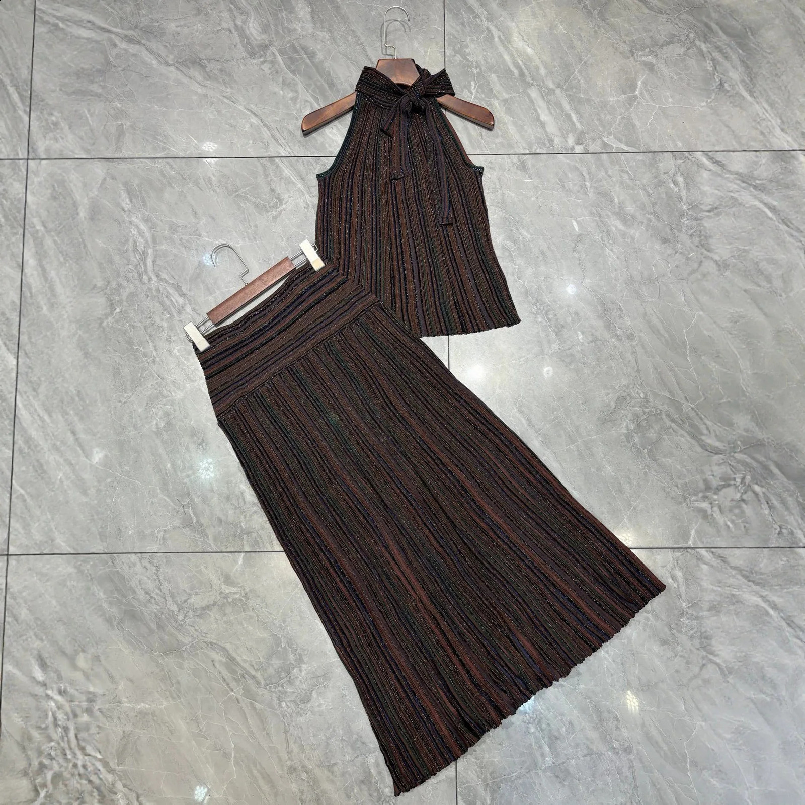 Women Halter Neck Pleated TwoPiece Set Striped Top and Maxi Skirt Elegant Summer Evening Wear Loose Fit Stylish Arrival 260625 - view 5