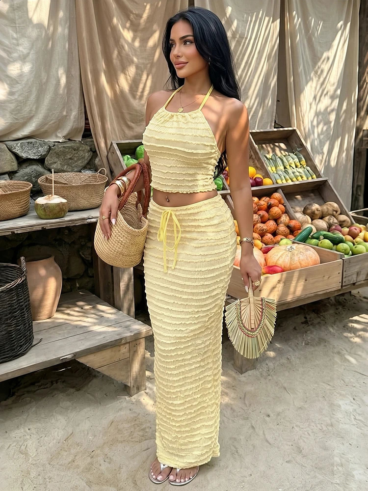 Weird Puss Ruffles Edge n 2 Piece Set Woman Summer Trend Halter Backless Crop TopsDrawstring Long Skirts Elegant Outfits 260626