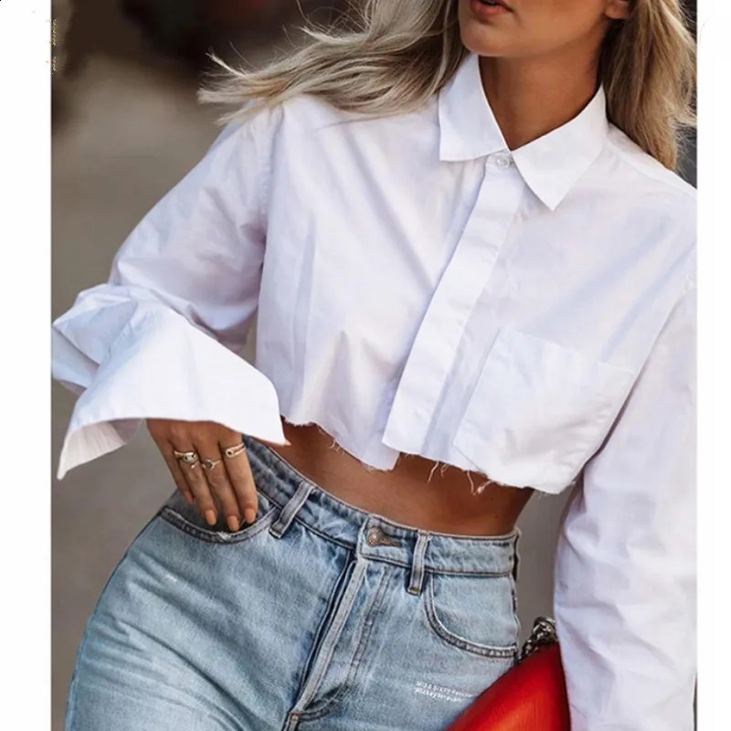 Women Long Sleeve Korean K-POP Shirt Spring Fashion Ladies Club Street Sexy Short White Top Blouse 260626
