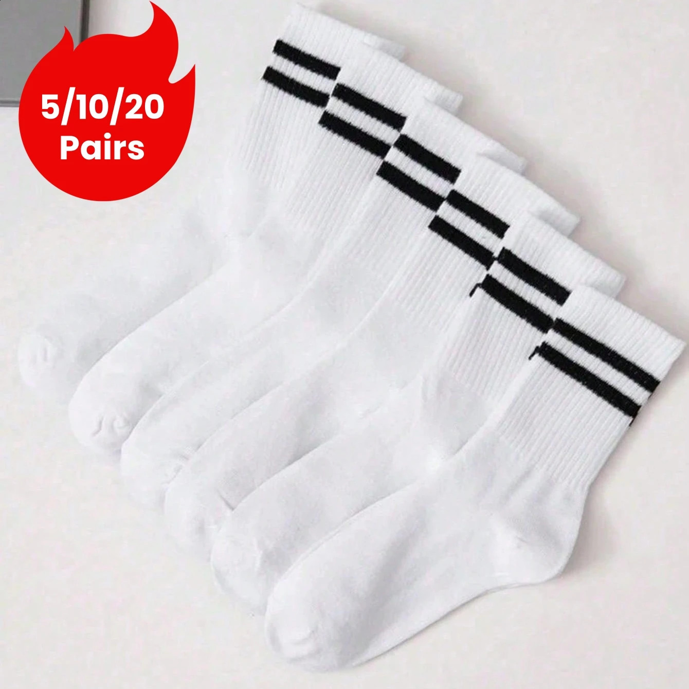 10 Pairs of Unisex Crew Socks Classic White Striped n Sporty Collegiate Style Comfortable Breathable 260622