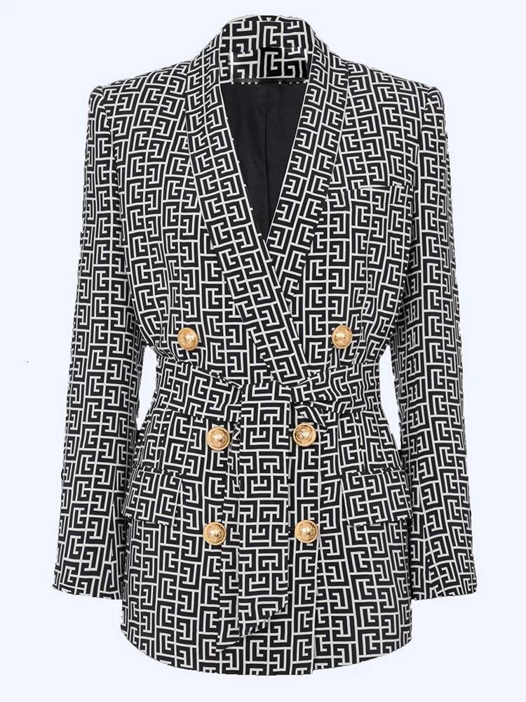 HIGH STREET Newest 2026 Stylish Designer Jacket Women's Double Breasted Monogram Printed Shawl Collar Belted Blazer - view 4