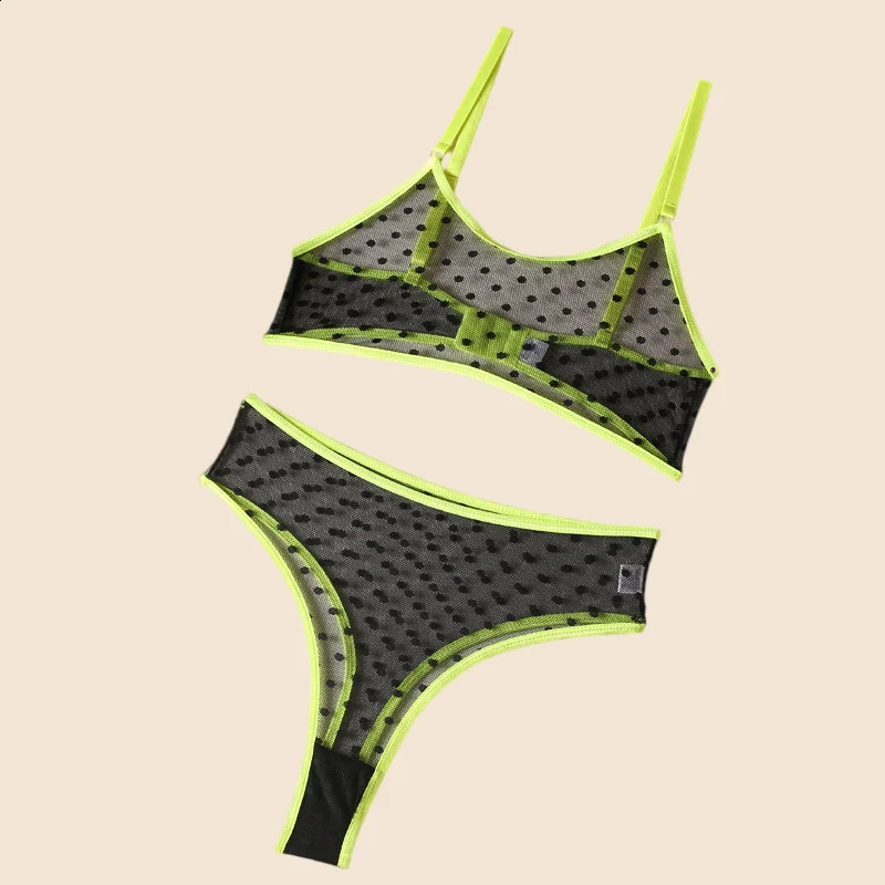 2026 Lingerie Set Polka Dot Sexy Women Underwear See Through Bra and Panty Intimate fluorescent Green 2 Piece Outfits 260626