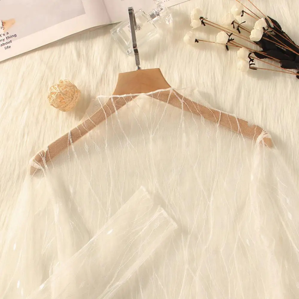 Lace Sheer Womens T-Shirt Fashion Mesh Summer Thin Bottom Shirt Transparent Long Sleeve Blouses Ladies Tops High Neck Tee Soli 260626 - view 3