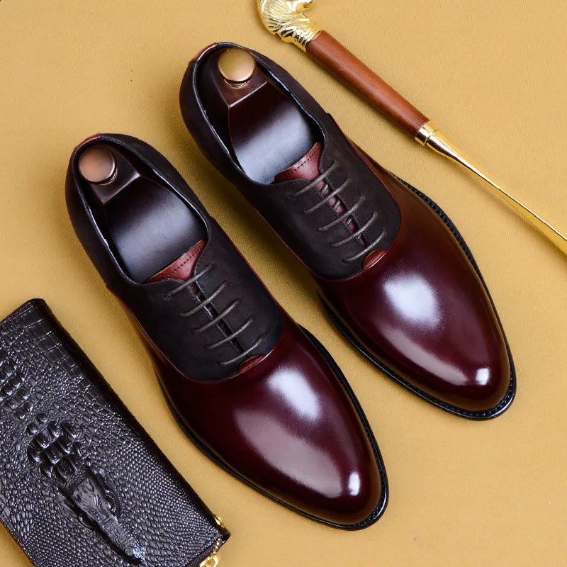 Genuine Cow Leather Brogue Wedding Business Men Casual Flats Vintage Handmade Oxford Shoes For Men Black Burgundy 260626 - view 1