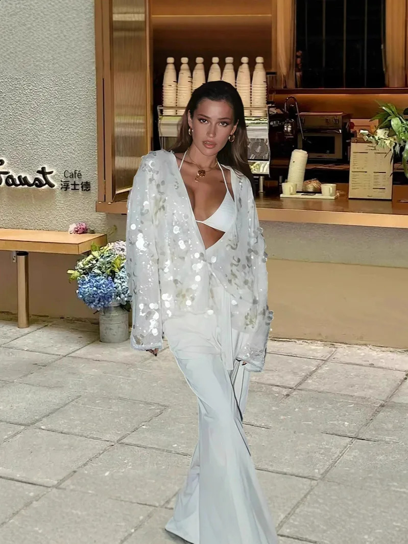 Five Colors Elegant White Sequ Patchwork Lace-up Shirt Blouse Women Long Sleeve V-neck Loose Short Coats Street Overshirt M4XW 260626 - view 3