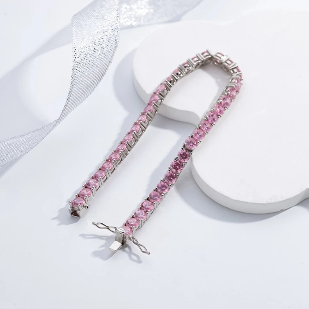 Wong Rain Solid 925 Sterling Silver 5MM Lab Pink Sapphire High Carbon Diamonds Gemstone Tennis Chain Bracelets Fine Jewelry 260626 - view 5