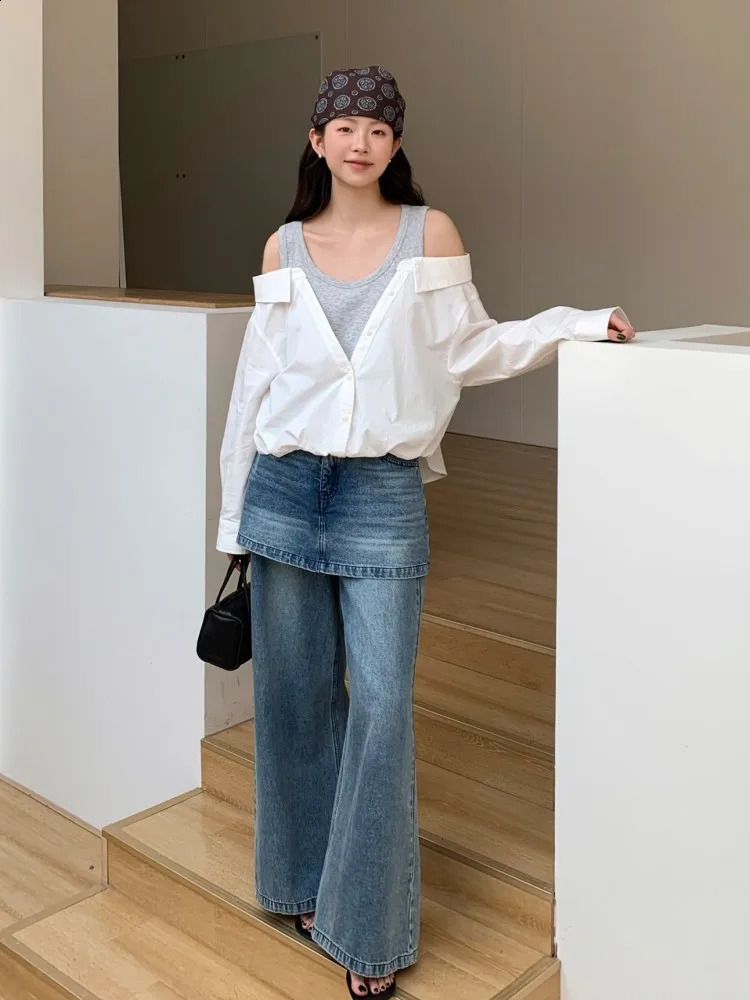 Korean Style Women Loose Twopiece Spliced Jeans Retro Straight Full Length Denim Pant High Waisted Casual Long Trousers 260625 - view 3