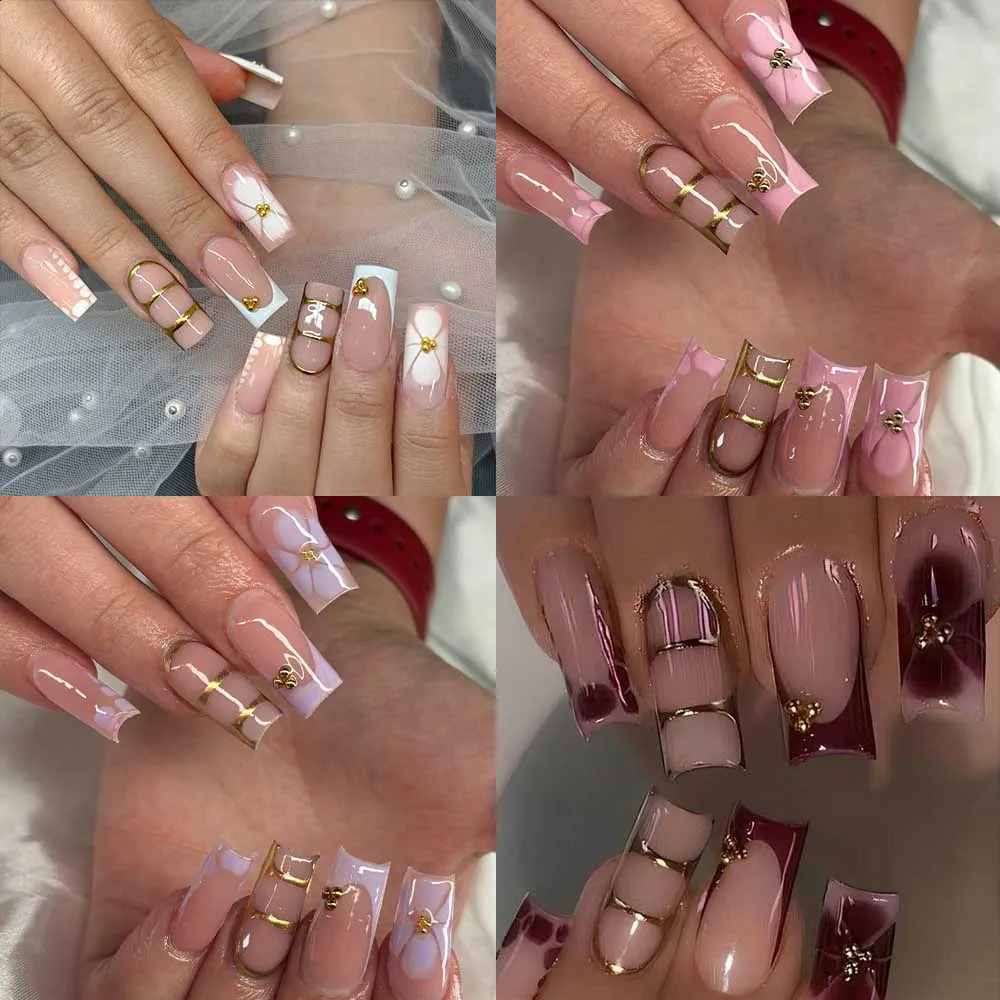 96Pcs4Mixed3D Three-Dimensional Gelnail Makes Flower Nails With Faux Pearl Decorate n Square French Tip Press On Nails Lo 260626 - view 6
