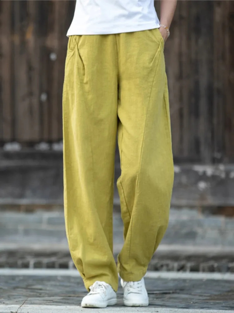 Johnature Women Vintage Ramie Long Pants Solid Color Elastic Waist Autumn Trouser Pockets Fall Female Loose Casual 260625