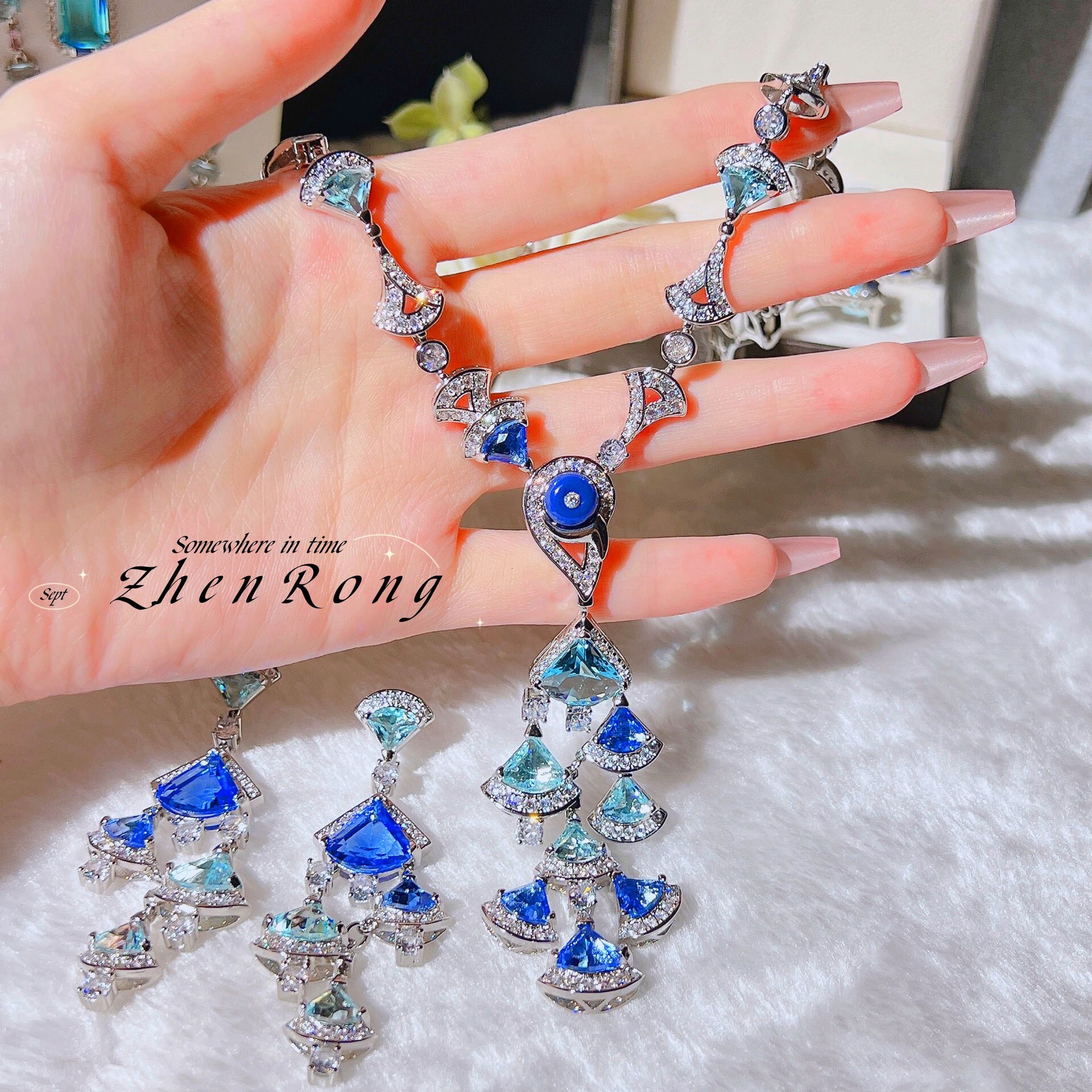 Earrings Luxury Inlaid Diamond Super Sparkling Zircon Big Brand Colorful Gem Fan-Shaped Water Drop Necklace Earrings Small Dress Chain Jewelry Set For - view 3