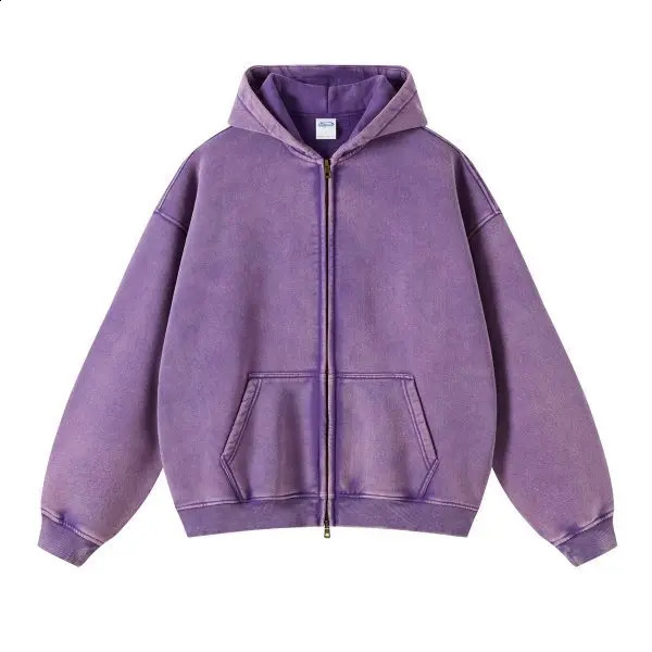 Spring Autumn Fahsion Mens Casual Trendy Loose Solid Color Waxed Hooded Hoodies American Zipper Washed Vintage Coat Male 260625CJ - view 5