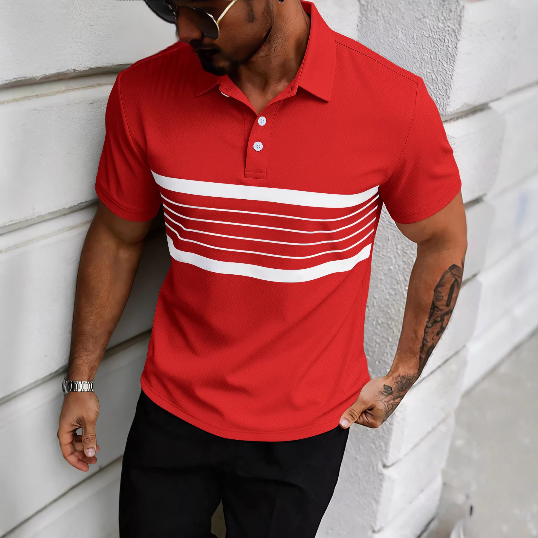 2026 New Men's Fashion Casual POLO Shirt Summer V-Neck Buttoned Striped Versatile T-Shirt - view 5