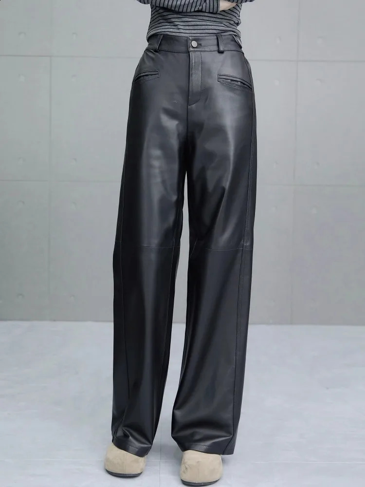 Autumn Black Genuine Leather Women Pants Straightleg Sheepskin Wide Leg Pant Elastic Waist Full Length Casual Trousers 260625 - view 7