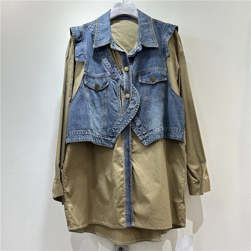 SuperAen Two-piece Denim Vest Patchwork Shirt Jacket for Women Spring and Autumn Loose and Retro Oversize Shirts 260626 - view 4
