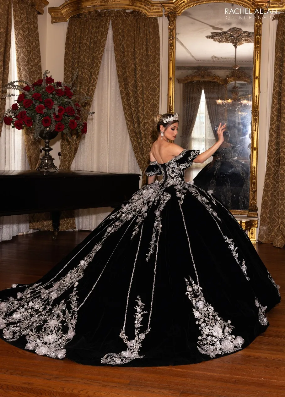 Black velvet off-shoulder heavily beaded long tulle ball gown Quinceanera